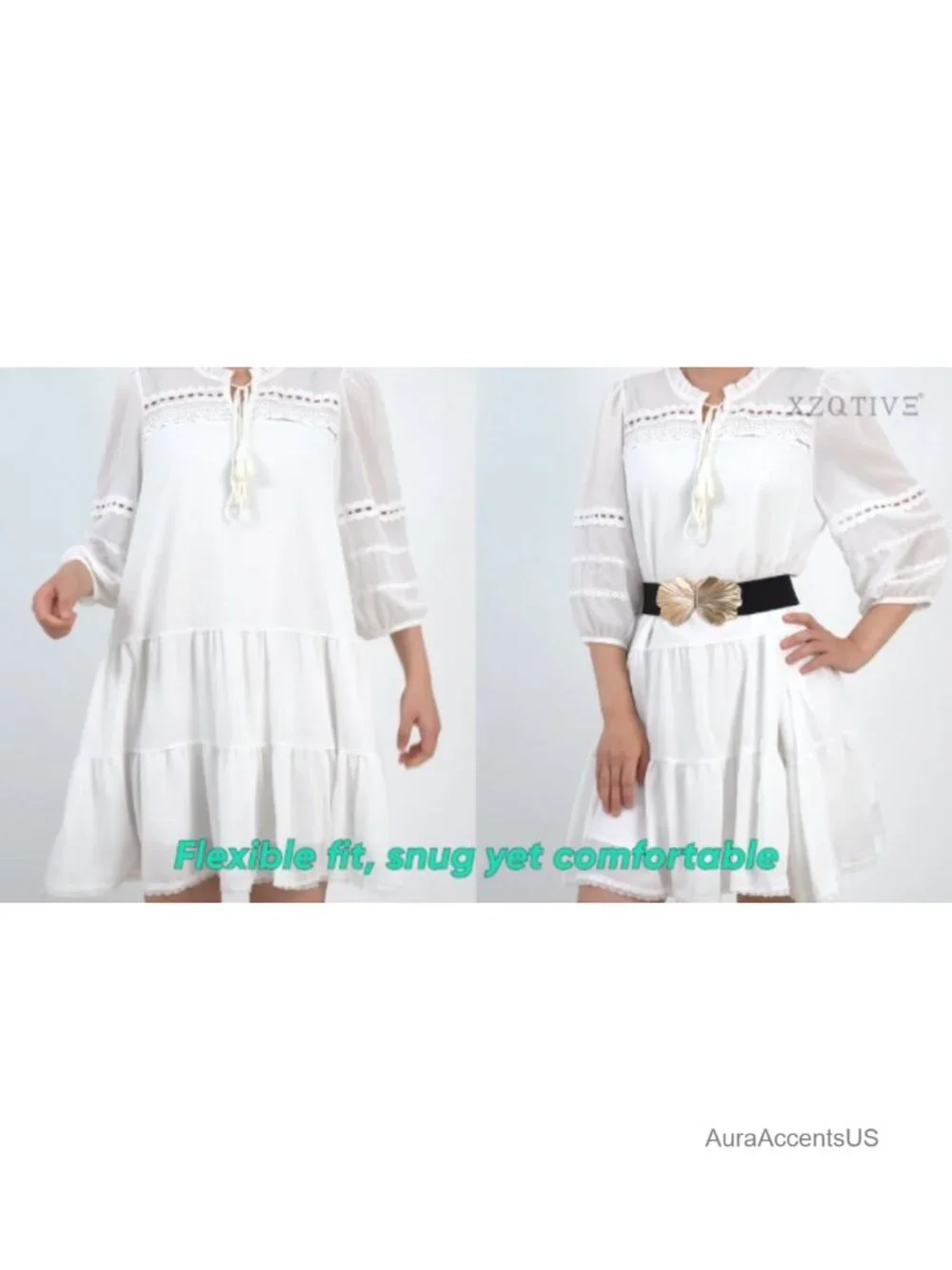 Wide Elastic Belt with Shell Gold Buckle - Stretchy Fashion Waist Belt for